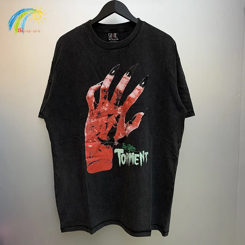 Vintage Washed Black Hand Printing Saint T-Shirt Men Women Oversized Tee Top High Street Casual T Shirt Inside Tags