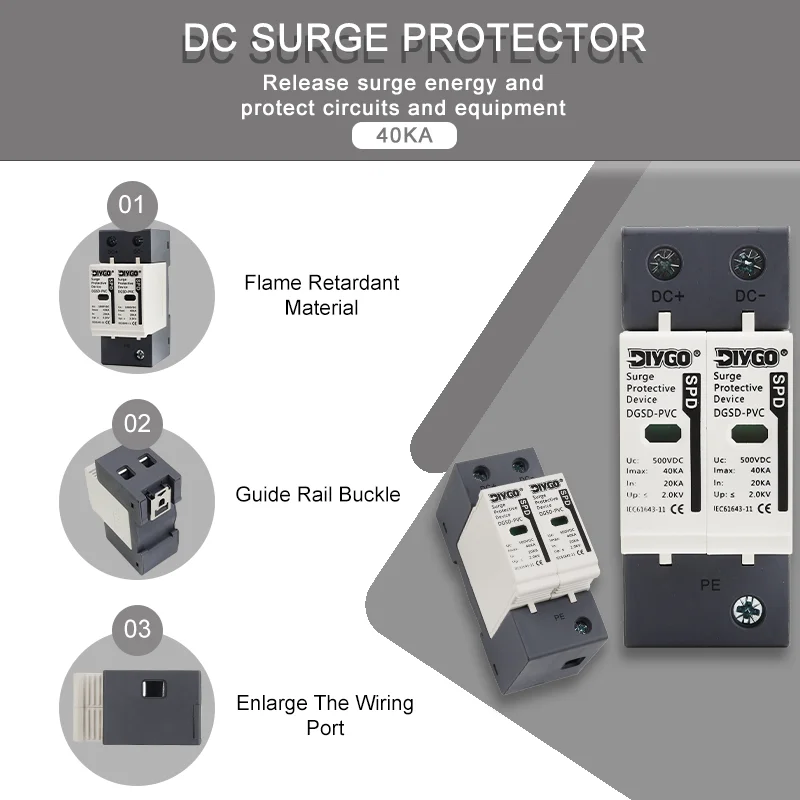 

SPD 2P DC 500V 600V 800V 1000V With Din Rail 20KA~40KA House Surge Protector Solar Outdoor Power Protection Arrester Device