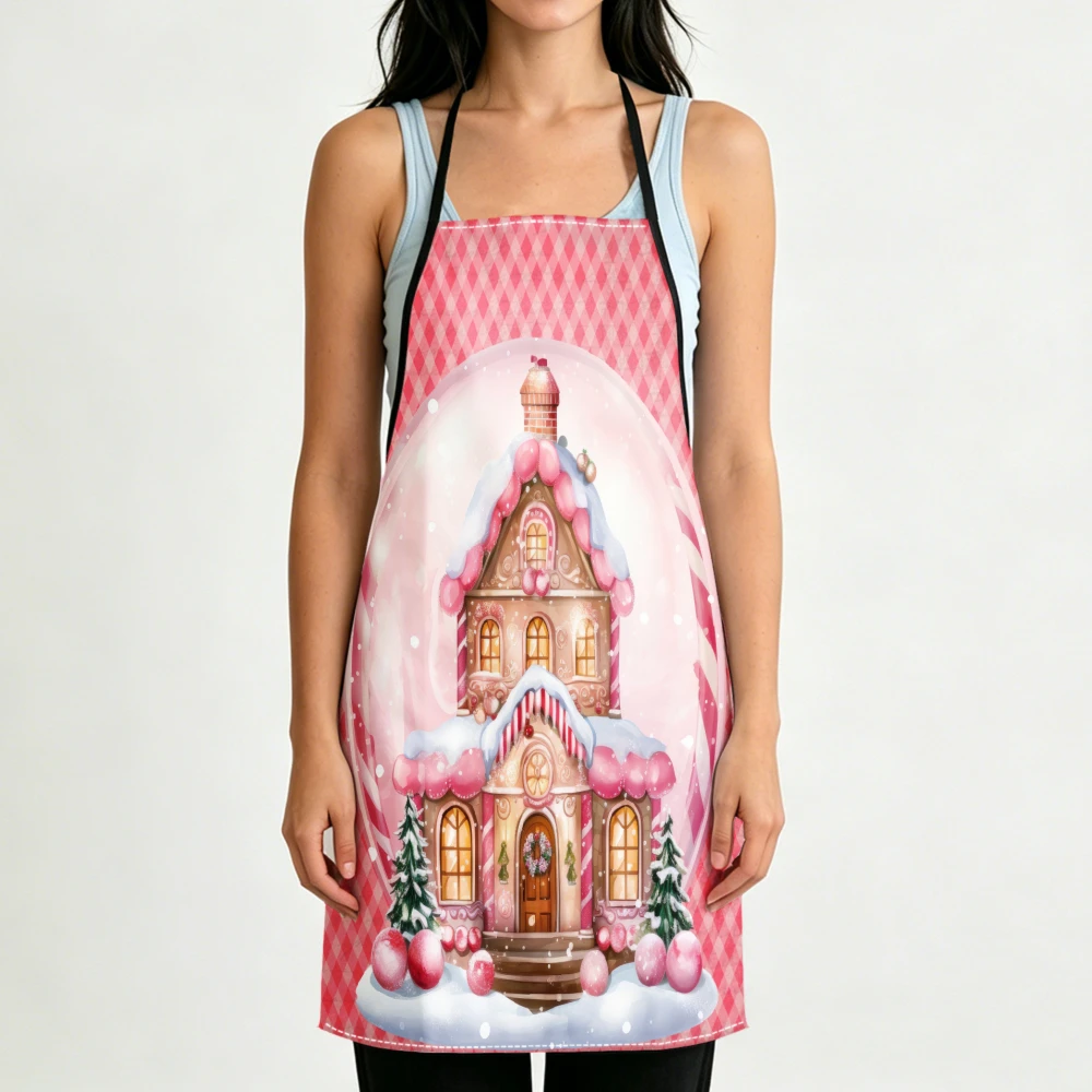 Cute Pink Gingerbread House Apron Festive Christmas Kitchen Aprons Cooking Baking Protective Wear Adjustable Bibs