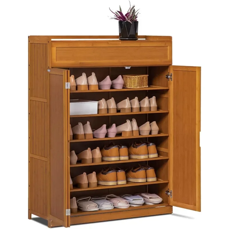 

Bamboo 7-Tier Shoe Organizer Cabinet with Folding Door Pull-Down Compartment Heels Boots, Hallway Entryway, Brown