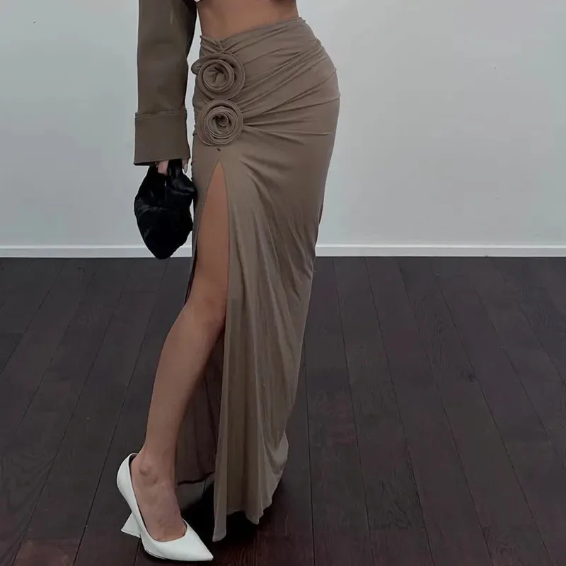3D Flower Decoration Women Slit Skirt Y2K Sexy High Waist Folds Slim Ladies Midi Skirt Spring New Elegant Party Night Long Skirt