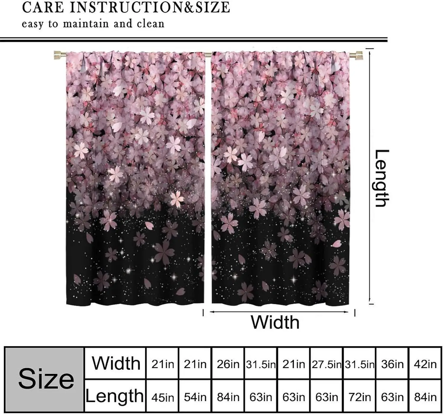 Glitter Sakura Floral Curtain Panels, Dark Base Falling Pink Cherry Elegant Simple Pattern Drapes For Beauty Salon Decoration