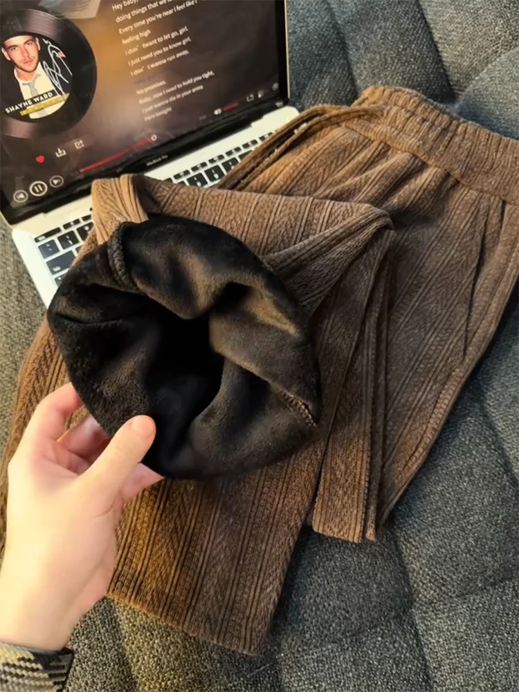 

Thiened Fce, прямые брюки на подкладке, мужские осенне-зимние теплые брюки, повседневные свободные длинные брюки, бархатная текстура