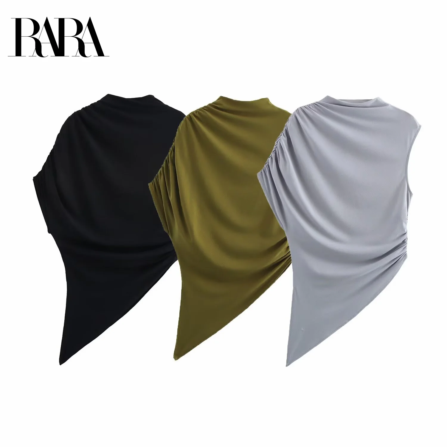 بلوزة RARA النسائية غير المتماثلة بدون أكمام مع تصميم ثنيات وتفاصيل مكشكشة على جانب واحد للأزياء - مظهر إلى الأمام