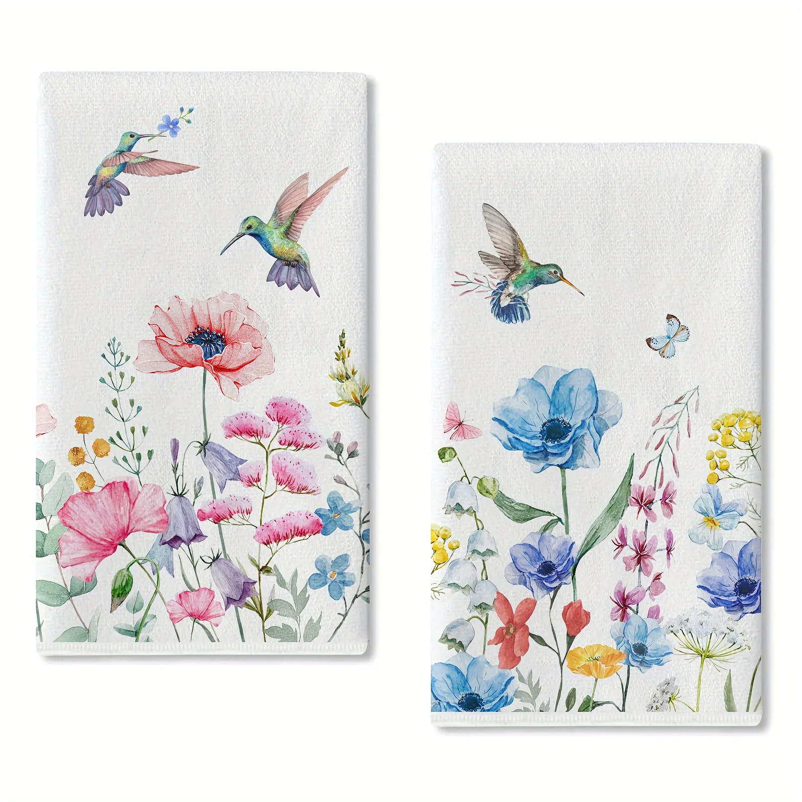 2PCS anemone flower hummingbird kitchen dish towels, seasonal spring and summer wildflower holiday decoration hand towels