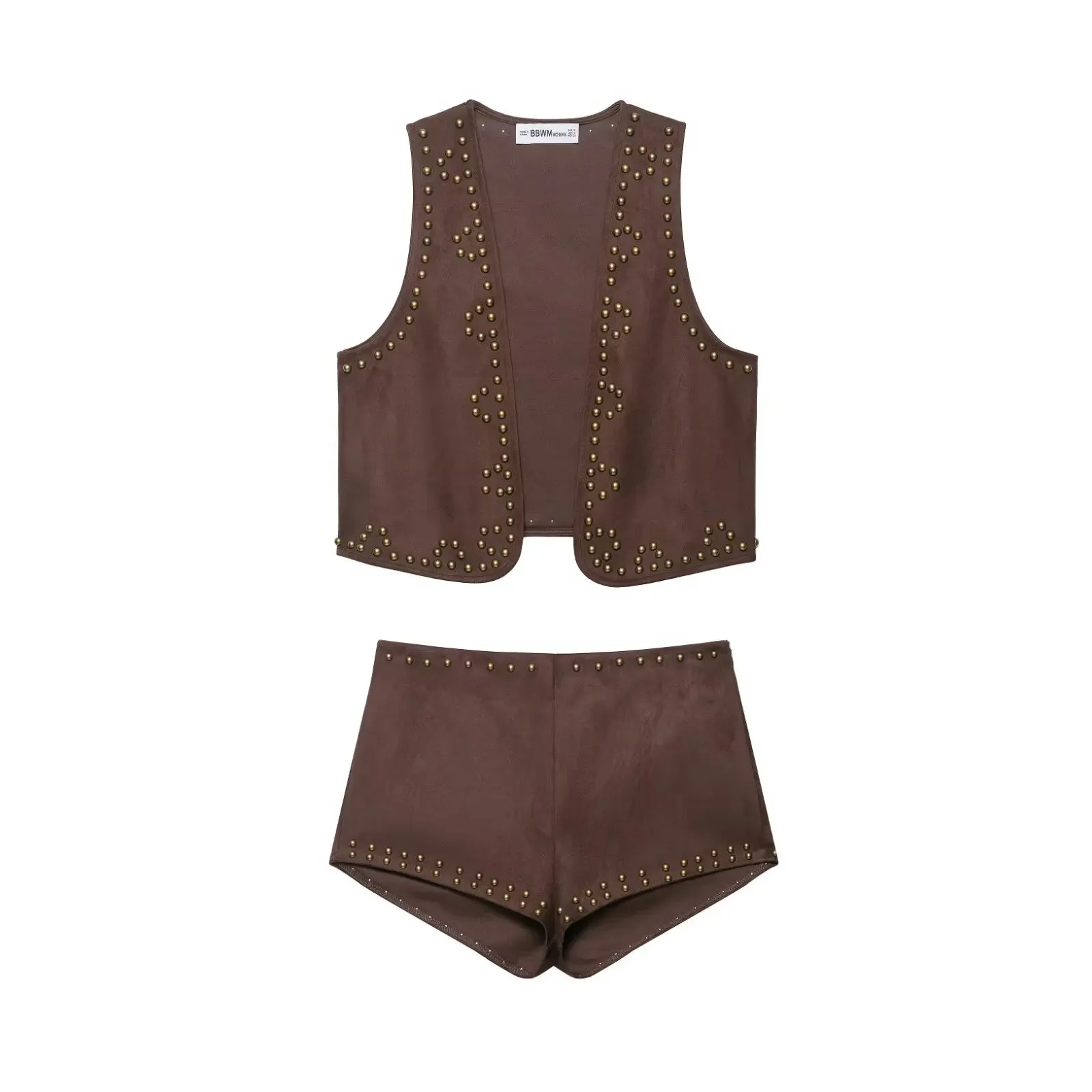 

HH Women Fashion Retro Reverse Velvet Effect Rivet Sleeveless Waistcoat+High Street Chic A-line Side Zipper Sexy Shorts Suit