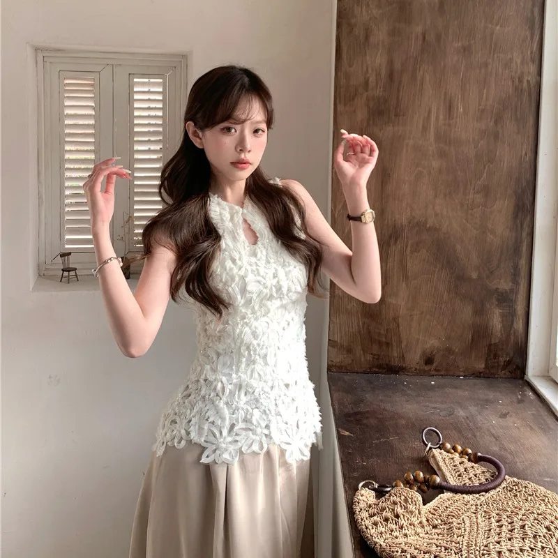 

Elegant Lace Top Silk Satin Long Skirt Set New Chinese Style Stand Collar Button Waist in Summer Fashion Women's Ensemble