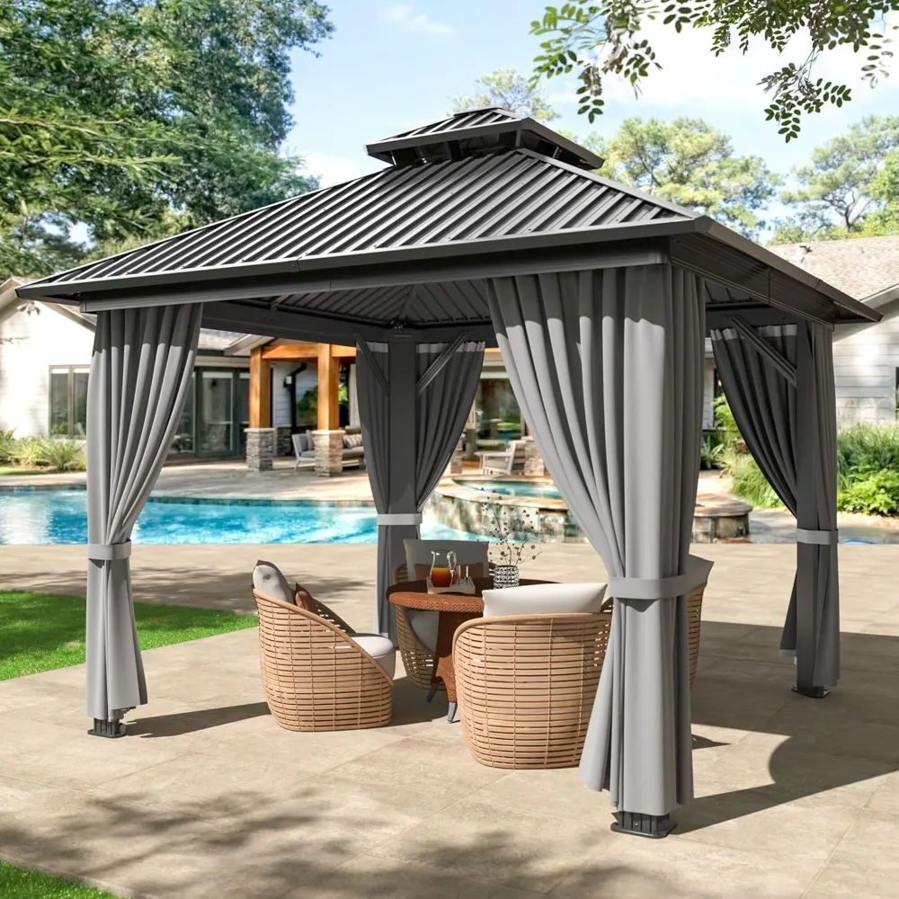 

10x10 FT hardtop pavilion with heavy-duty galvanized steel double-layer roof, aluminum frame pavilion with curtains and mesh