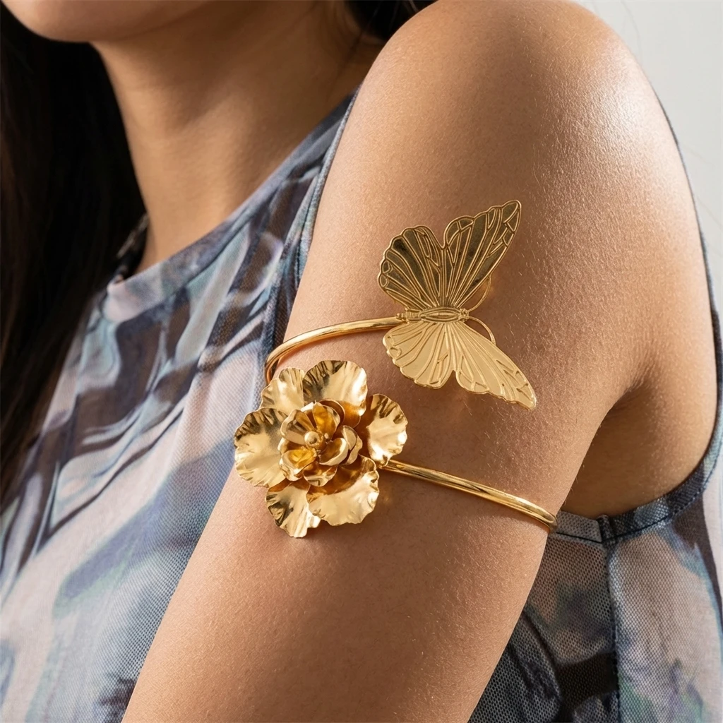 

Bohemia Butterfly Flower Arm Cuff Bracelet for Women Exaggerated Y2K Adjustable Arm Open Bangle Summer Holiday Party Jewelry Gif