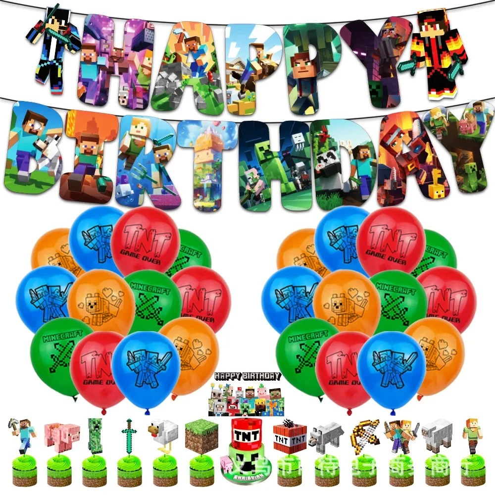 Hot Game Minecraft Birthday Banner Party Supplies Cartoon Paper Plates Decor Background boys party