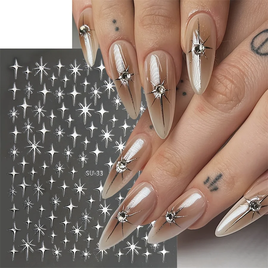 3pc Y2K Silver Gold Star Nail Sticker Bronzing Laser Starlight Slider Glossychic Star Adhesive Decal Press on Nails Decoration