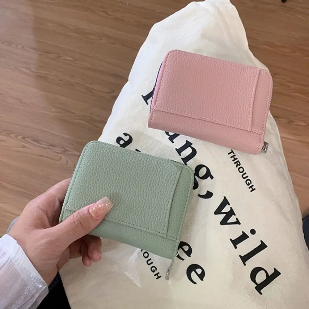 Simple PU Short Wallet Solid Color Zipper Leather Card Holder Large Capacity Multi-function Women Coin Purses Girl