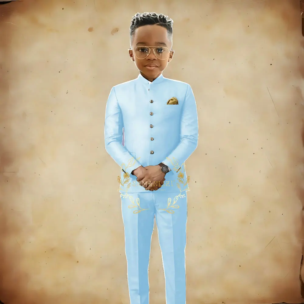 Sky Blue Boy Suits 2 Pieces Formal Jacket Pants for Wedding Stand Collar African Outfits Child Tuxedo Slim Fit Customized Set