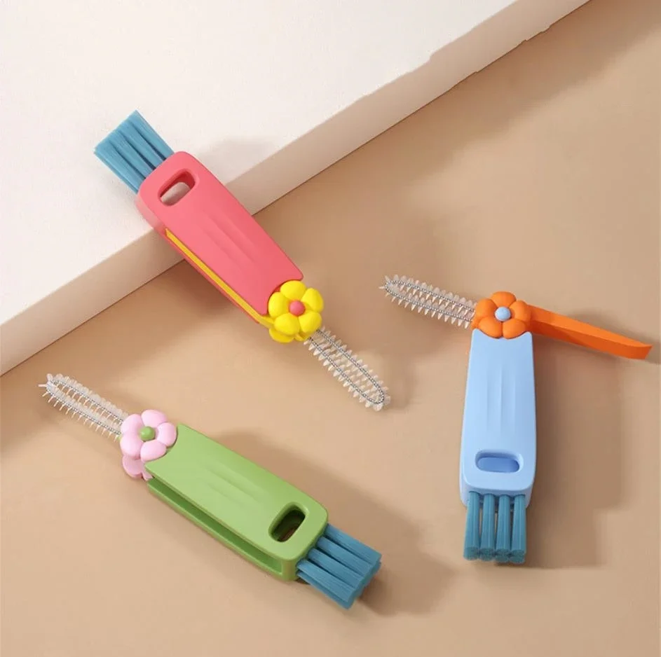 Mini brosse portable 3 en 1 pour bouteille en forme de fleur, fil en nylon, couvercle de bouteille, lait de bébé, nettoyeur HI, brosses à rainure fendue