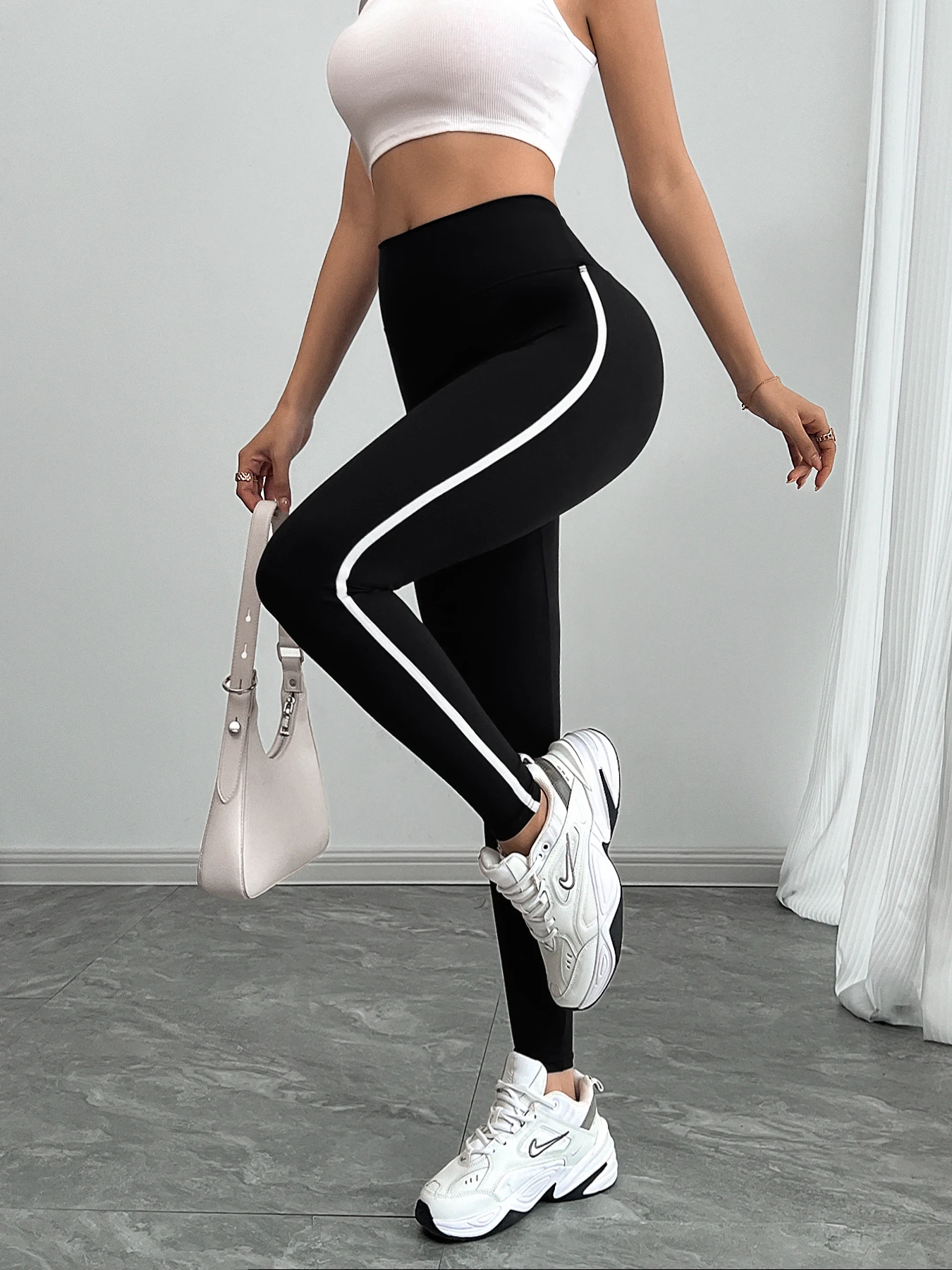 Women's High Waist Yoga Leggings Black Striped Tights Sports Pants