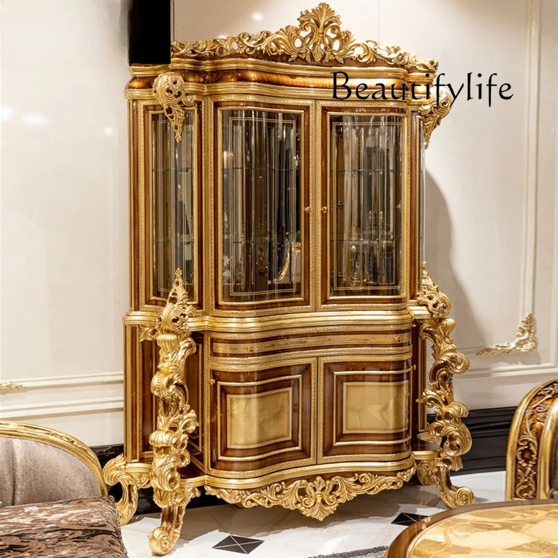 large apartment villa storage cabinet European solid wood carving flower double door glass wine cabinet storage advanced