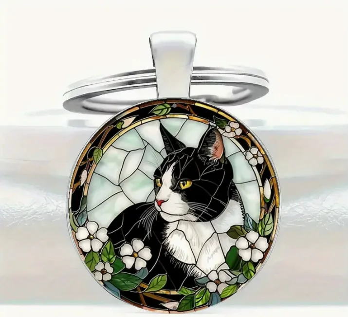 Custom Vintage Black Cat Painted Glass Style Alloy Keychain - Glass Keychain with Floral Pattern