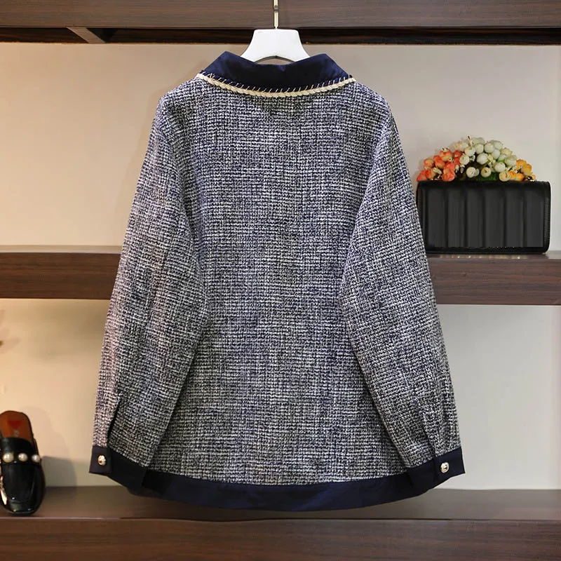 150Kg Plus Size Women\'s Bust 157 Autumn Winter Loose Small Fragrance Jacket Single-Breasted Coat Blue 6XL 7XL 8XL 9XL 10XL