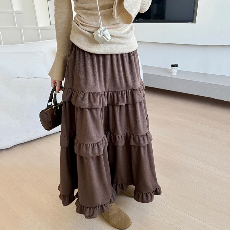 Vintage Ruffles Velvet Long Skirts Women Fashion Elastic High Waist A Line Cake Skirt Woman 2025 Autumn Winter Mid Length Skirts