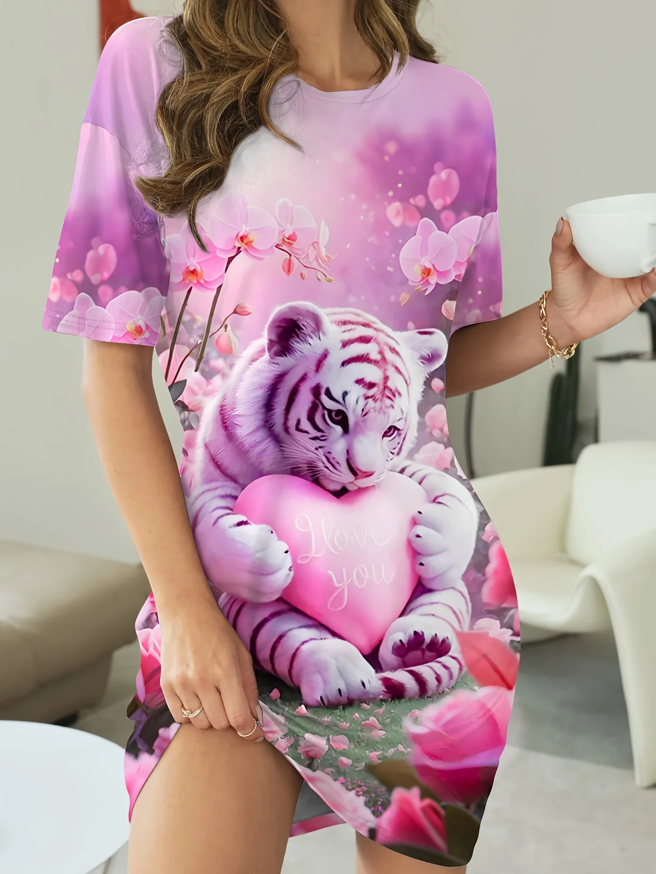 

Pink Tiger Flower "I Love You" Letter Heart Print Pattern Ladies' Pajamas - Comfortable Short-sleeved Round-neck T-shirt Dress