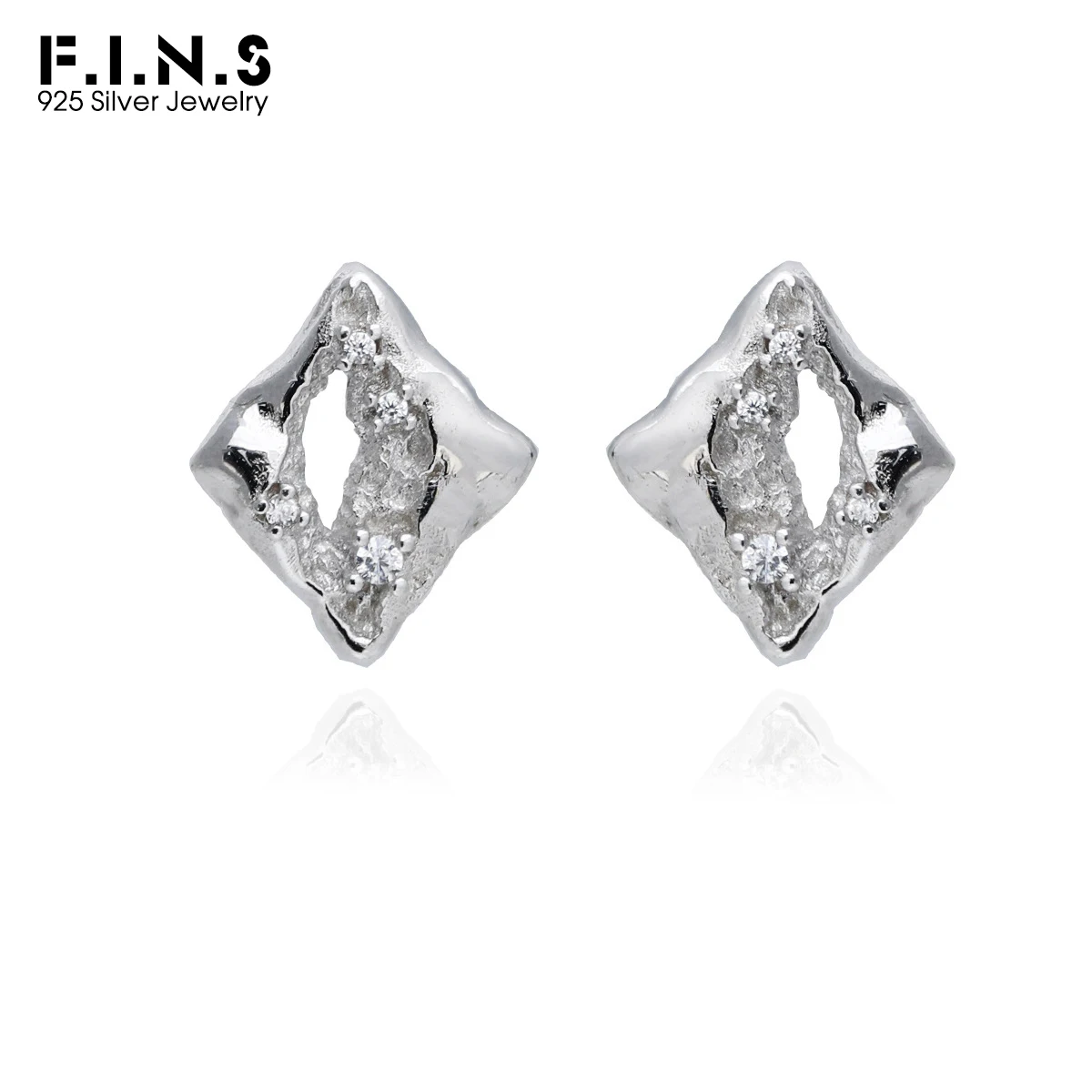 

F.I.N.S Original S925 Sterling Silver Stud Earrings Irregular Geometric Square Hollowed Pierced Hypoallergenic Ear Fine Jewelry