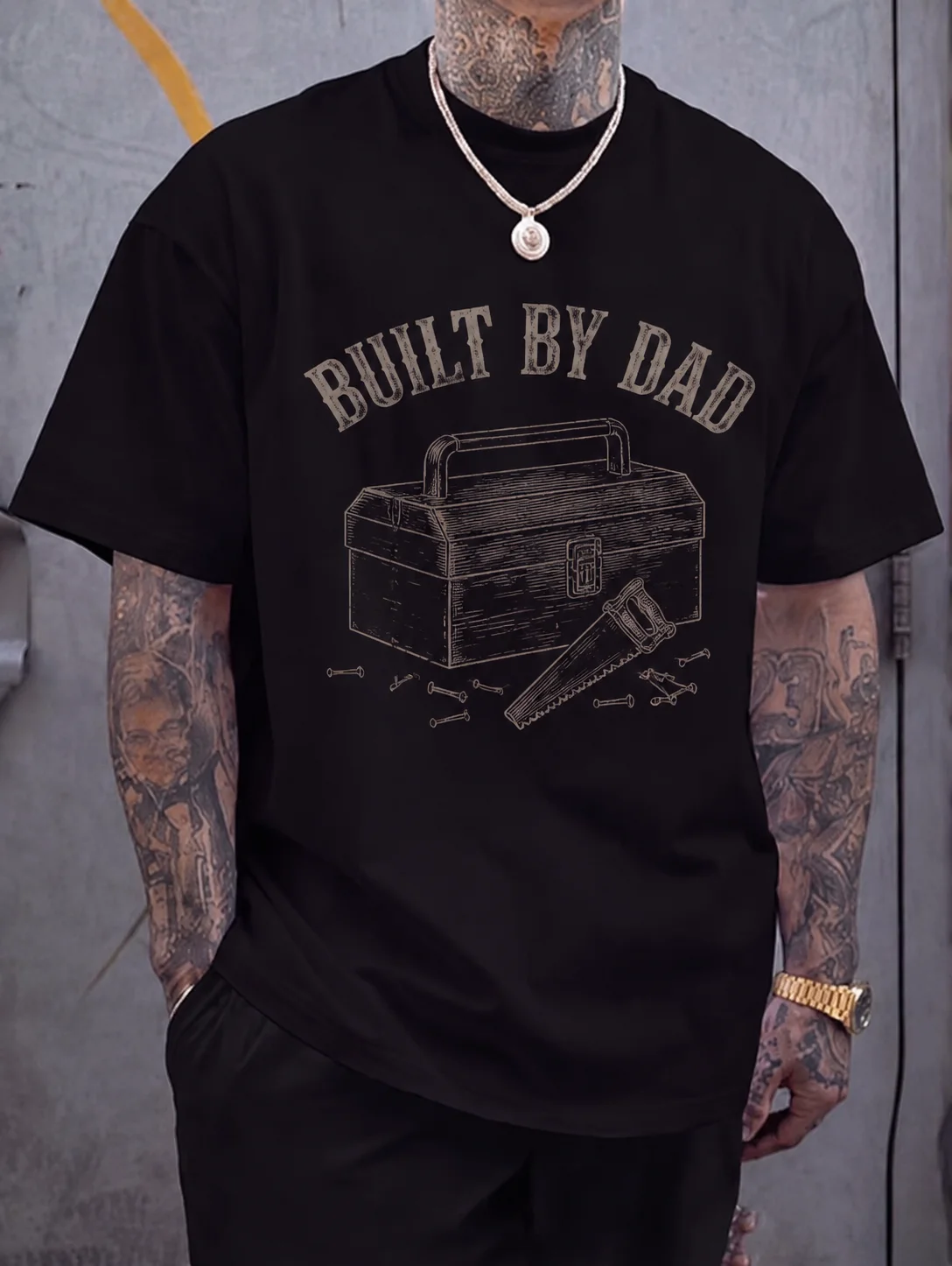 

Men Graphic Tee Short Sleeve Loose Fit Built by Dad Tool Chest Vintage Retro Print Workshop Streetwear Outdoor Casual Soft