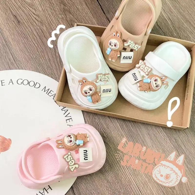 Cartoon Labubu Kawaii 2024 New Boy Girls Princesses Beach Sandals Slippers Children Soft Bottom Anti-Skid Animation Derivatives