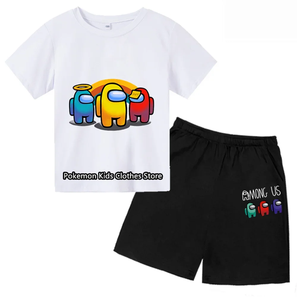 Children's Summer Game Impostor T-shirt Boys Girls 3-13Y Black Top+Shorts Casual Fashion Brand Girls Hello Kitty Sports Set