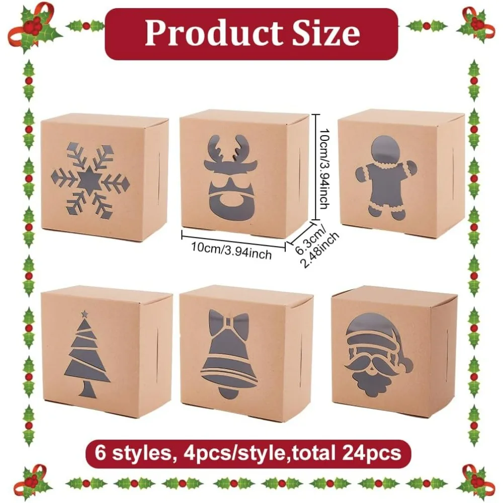 24 Packs Brown Christmas Cookie Boxes 3.94x3.94x2.48inch Kraft Cardboard Box with Xmas Decoration Shape Window for Cookies