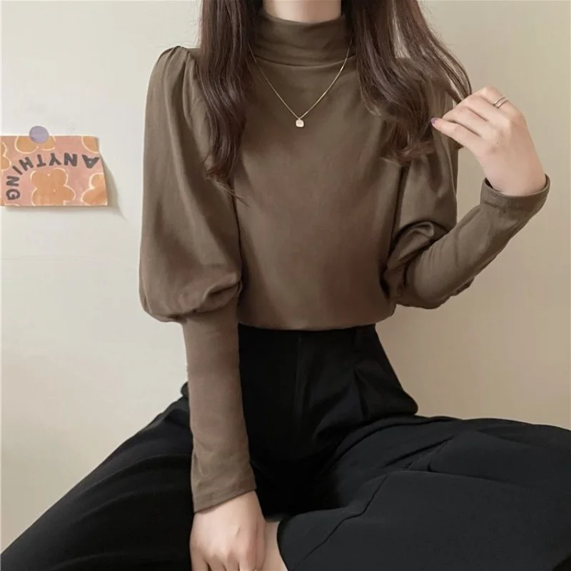 Vintage Half High Neck Loose T Shirt Tops Autumn Winter Long Sleeve Solid All-match Bottoming Shirt Fashion Casual Women Clothes