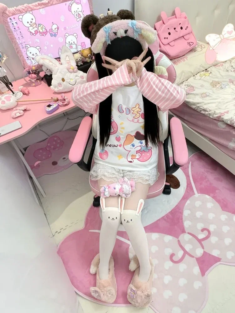 Houzhou y2k harajuku cuteore t camisas femininas estilo japonês doce listrado retalhos impressão dos desenhos animados solto moletom macio menina