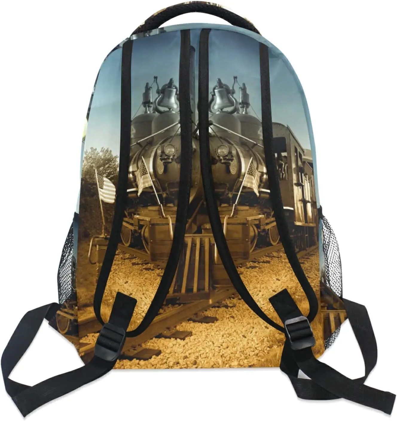 ヴィンテージエンジントレインスクールバックパック子供男の子用、クールトレインラップトップバックパック学生カレッジスクールバッグブックバッグ