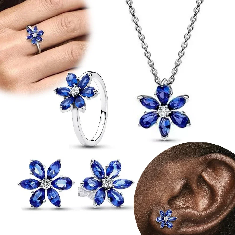 Boucles d'oreilles en argent Sterling 925, série de fleurs en verre bleu scintillant, pendentif, collier, bague, bijoux personnalisés haut de gamme pour femmes, cadeau