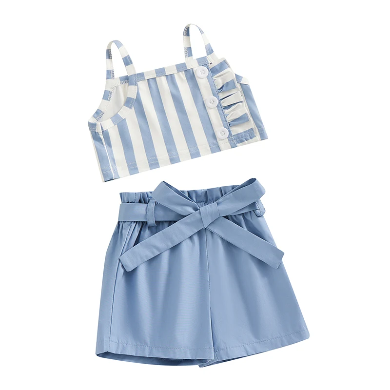 2Pcs Set Toddler Kid Baby Girl Summer Outfit Sleeveless T-Shirt Crop Tank Top Solid Shorts Clothes Set