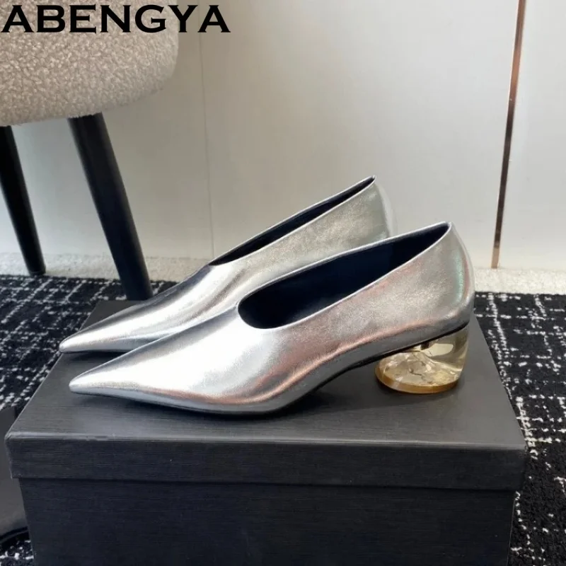 Spring Real Leather Crystal Heels Gladiator Shoes For Women Loafers Point Toe Comfort Modern Pumps Woman Marry Jean Shoes Woman