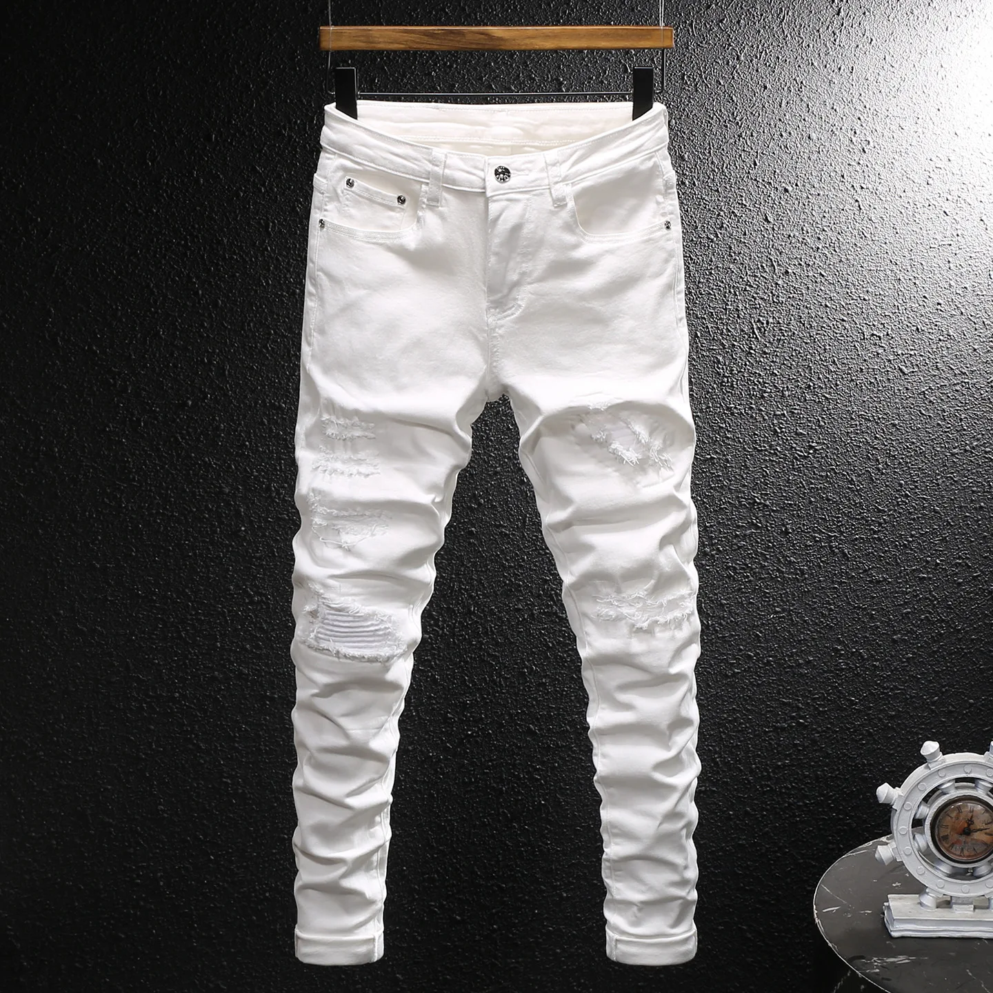 Street Fashion Men Jeans White Elastic Stretch Skinny Fit Ripped Jeans Men Zipper Designer Beading Patch Hip Hop Denim Pants