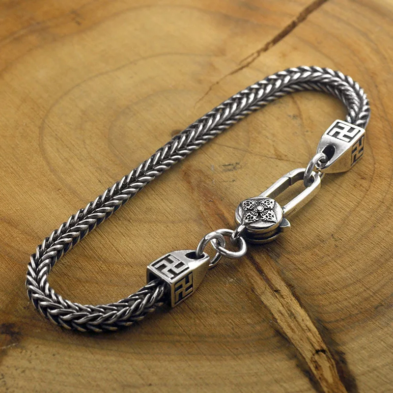 BOCAI New S925 Silver Retro Dominance Diamond Pestle Fox Tail Bracelet Men's Choice Gift