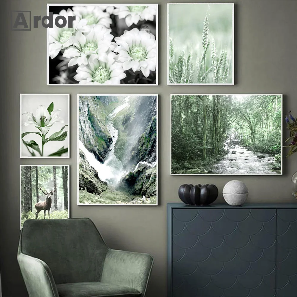 

Forest Wild Deer Green Leaves Plant Wall Art Poster White Flower Landscape Canvas Painting Print Wall Pictures Living Room Decor