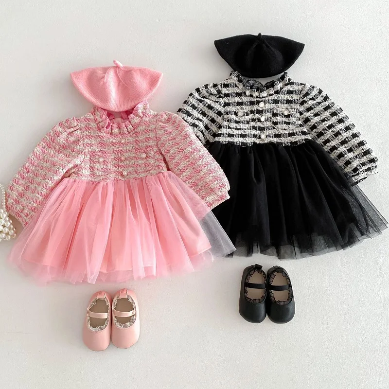 Baby clothes 0-3 years old spring and autumn checkered patchwork girl dress solid color mesh birthday party girl princess dress