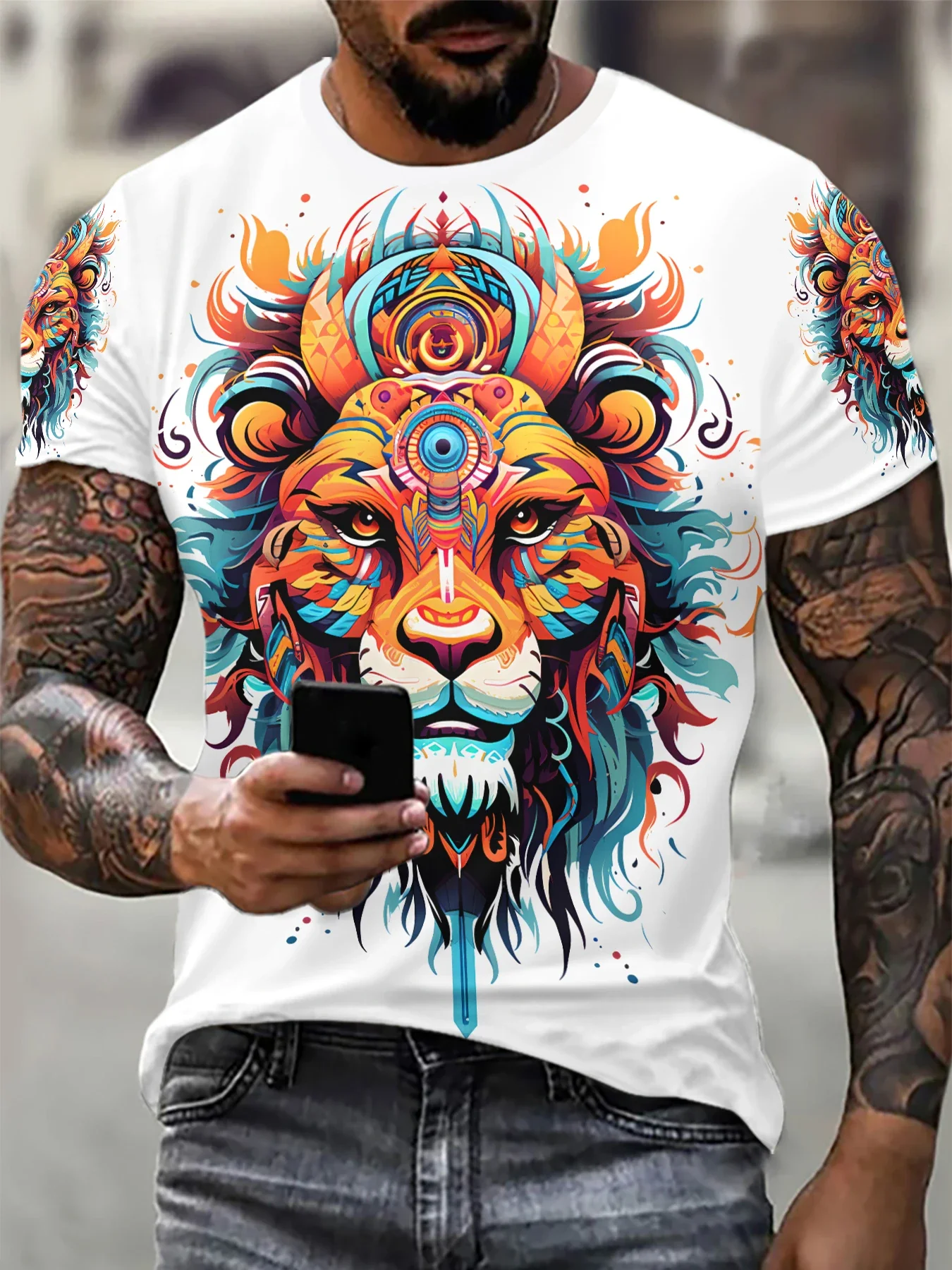 

Lion head 3D printed T-shirt, men's summer leisure cartoon graffiti fitness lightweight comfortable breathable quick drying top