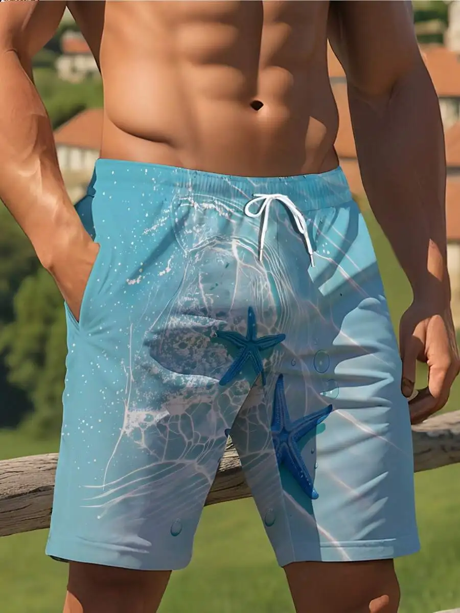Light Blue Starfish Print Board Shorts With White Drawstring For Men Beachwear