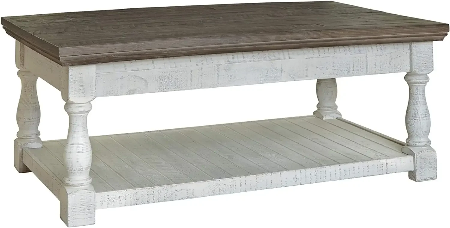 by Ashley Havalance Farmhouse Lift Top Coffee Table with Fixed Shelf and 2 Hidden Storage Trays,Gray&White with Weathered Finish