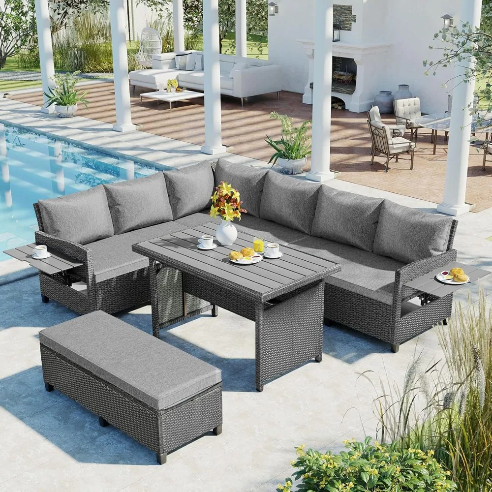 

Outdoor Terrace Conversation Set 5 Piece PE Rattan Sofa Set with 2 Retractable Side Tables L-Shaped Garden Furniture Set