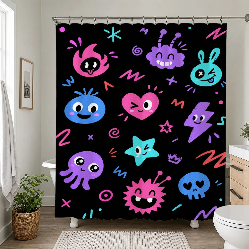 Fun Kawaii Cartoon Monsters Shower Curtain Bathroom Decor Novelty Pop Art Kids Shower Curtain