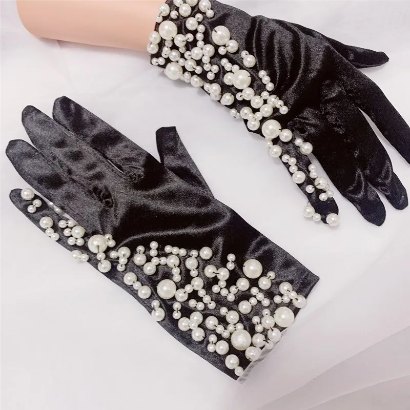 Women's Elegant Pearl Beaded Black Satin Glove Female Spring Summer Vintage Sunscreen Driving Photograph Glove R423