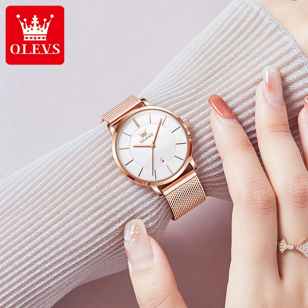 Olevs 6.5Mm Ultra Dunne Horloges Voor Vrouwen Rose Goud Roestvrij Staal Waterdichte Dames Horloges Grote Gezicht Quartz Horloge Gift doos