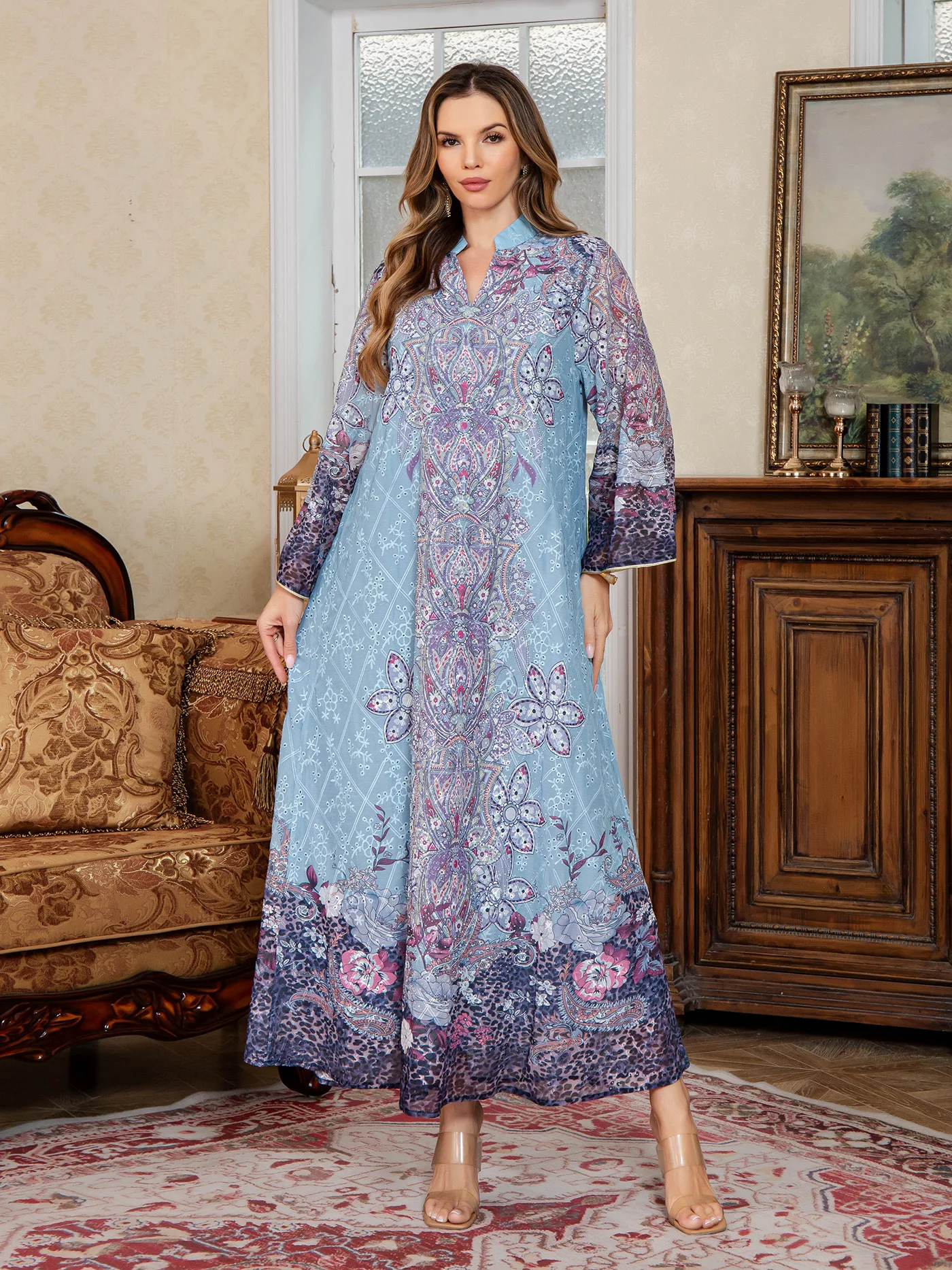 

New Fashion Printing Middle Eastern Dress Muslim Women's Dubai Abaya Embroidered Robe Long Sleeves Party Dresses