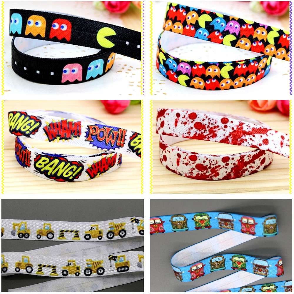 DHK 5/8\'\' 5yards Fold Over Elastic FOE Bang Car Game Printed Headband Headwear Hair Band Diy Decoration OEM Wholesale C370