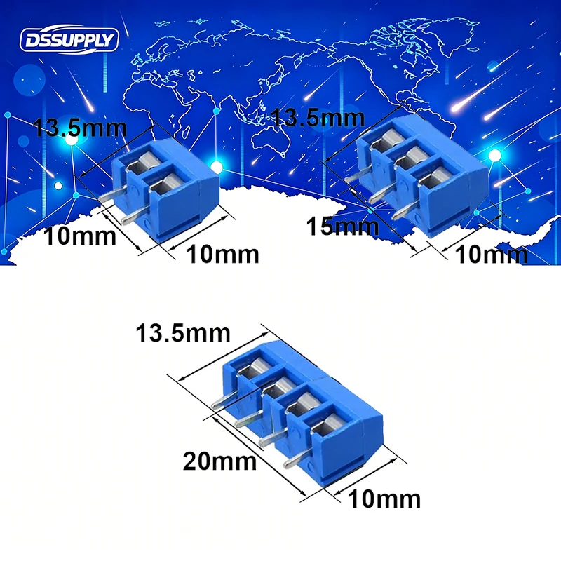 100PCS KF301 PCB Screw Terminal Block Connector KF301-2P KF301-3P KF-301-4P Pitch 5.0MM 2P 3P 4P Splicable Kit Box KF301-2 Blue
