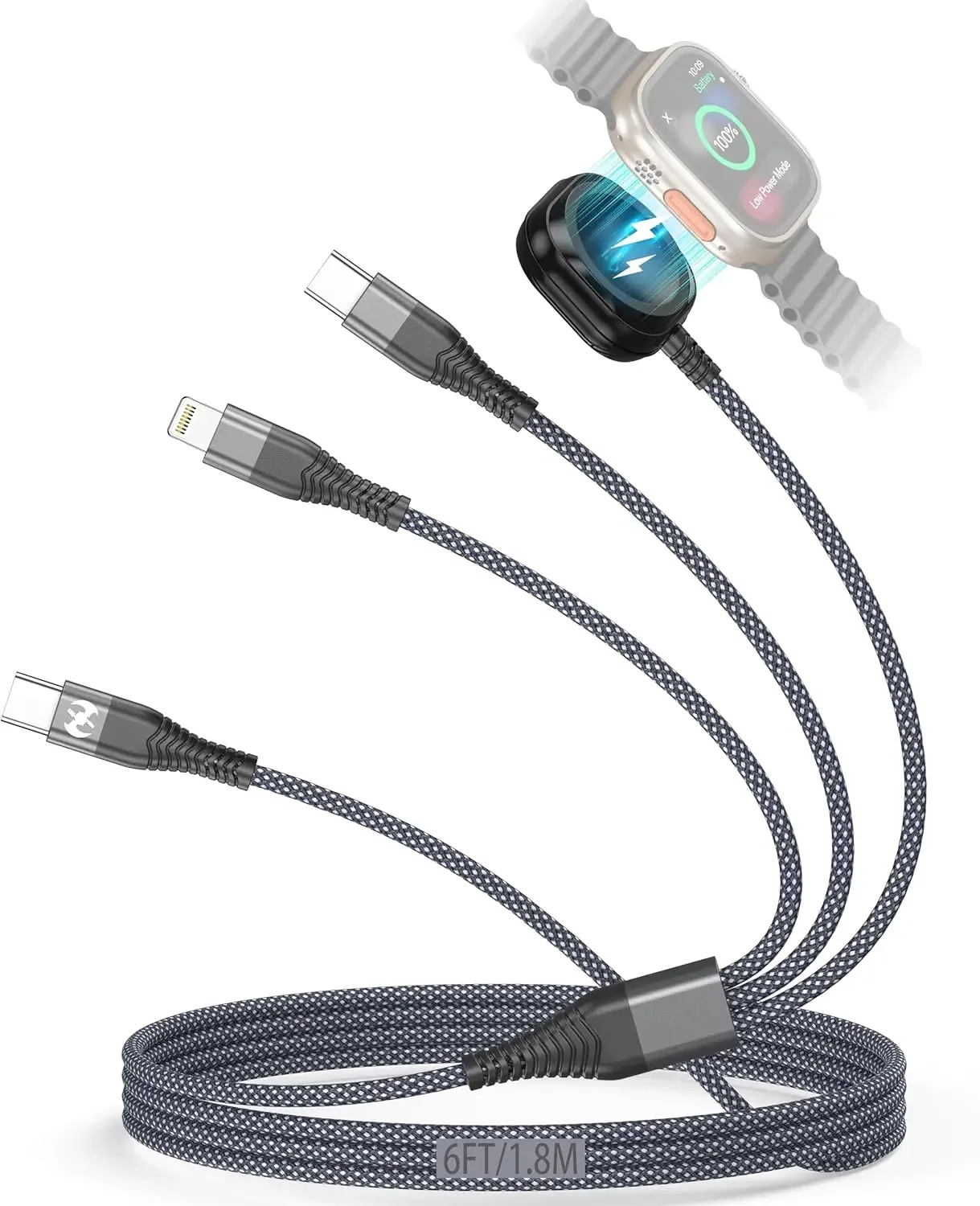 For iWatch Charger,Multi Charging Cable 6FT Lightning Type C USB Cord Watch Wireless Charger 3 in 1 Charging Wire